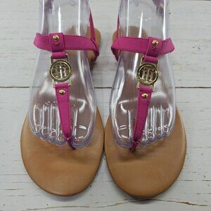 Tommy Hilfiger 8.5 Pink Faux Leather Gold‎ Logo Thong Slingback T-Strap Sandals